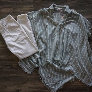 Striped V-Neck Cuffed Sleeve + Frayed Hem